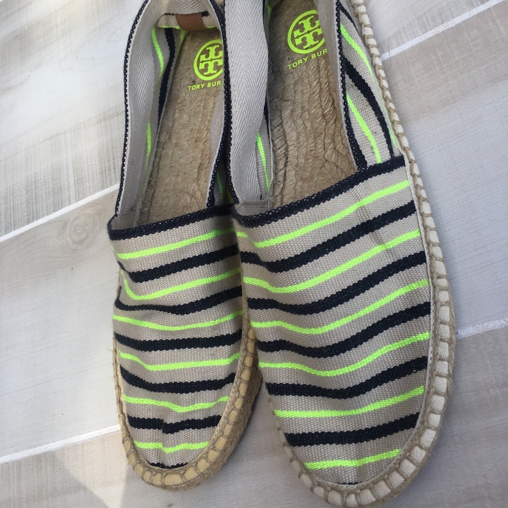 Tory Burch Striped Espadrilles - Black, Cream, Neon Yellow